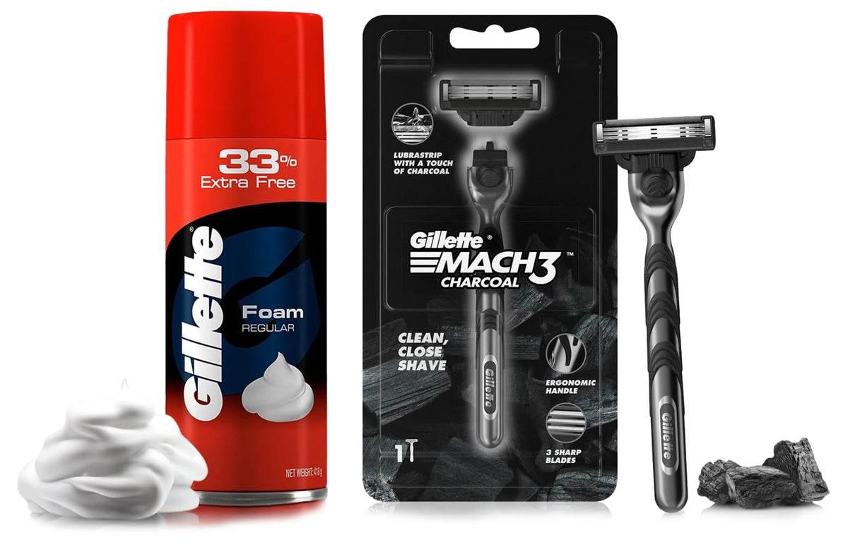 Gillette Mach3 Charcoal Shaving Razor for Men with New Enhanced Lubrastrip with a Touch of Charcoal for a Clean Close Shave & Gillette Classic Regular Pre Shave