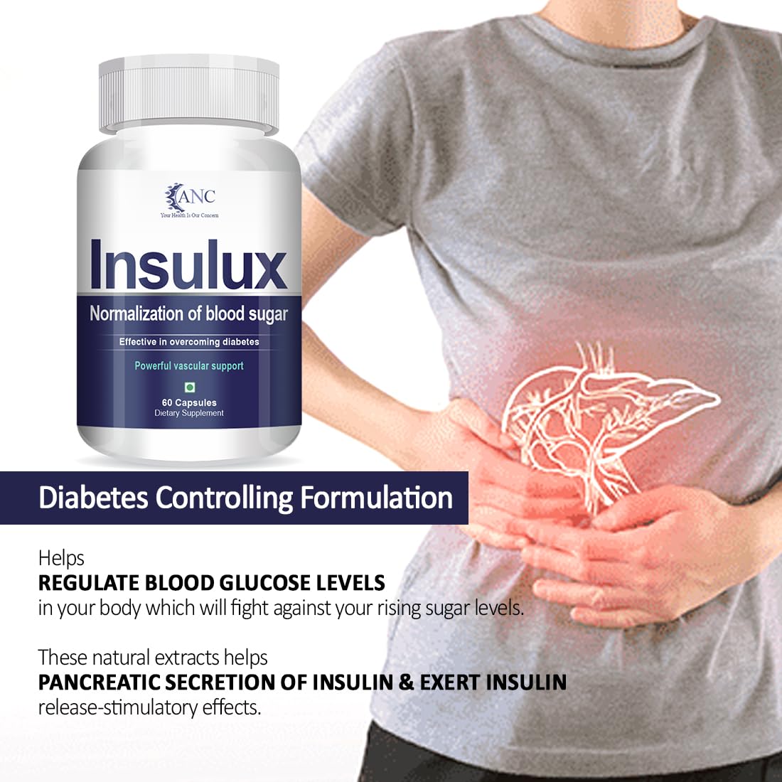 ANC Herbal Insulux Gymnema Sylvestre Diabetes Control 750mg 60 Capsules Helps in Boosting Endocrine System, Blood Sugar, for Men & Women 60 count (Pack of 1)