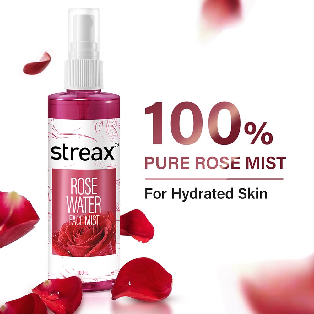 Streax Rose Water for Face- 100 ml, Pure Rose Water Toner, Hydrating Face Mist Spray, Refreshing Face Mist for Glowing Skin 100 ml pack of 1