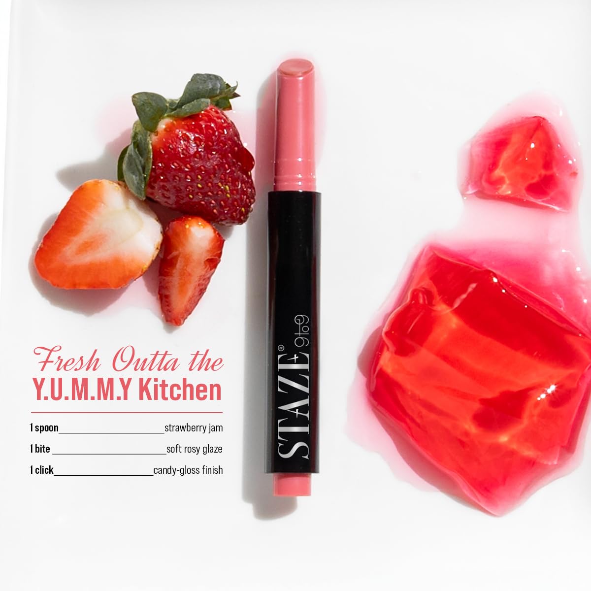 Staze Y.U.M.M.Y Lip Gloss Balm | 3-in-1 Gloss + Tint + Balm | High-Shine Glossy Finish | With SPF 15 | Non-sticky Formula with Hyaluronic Acid & Shea Butter | 04 Strawberry Jelly | 2g