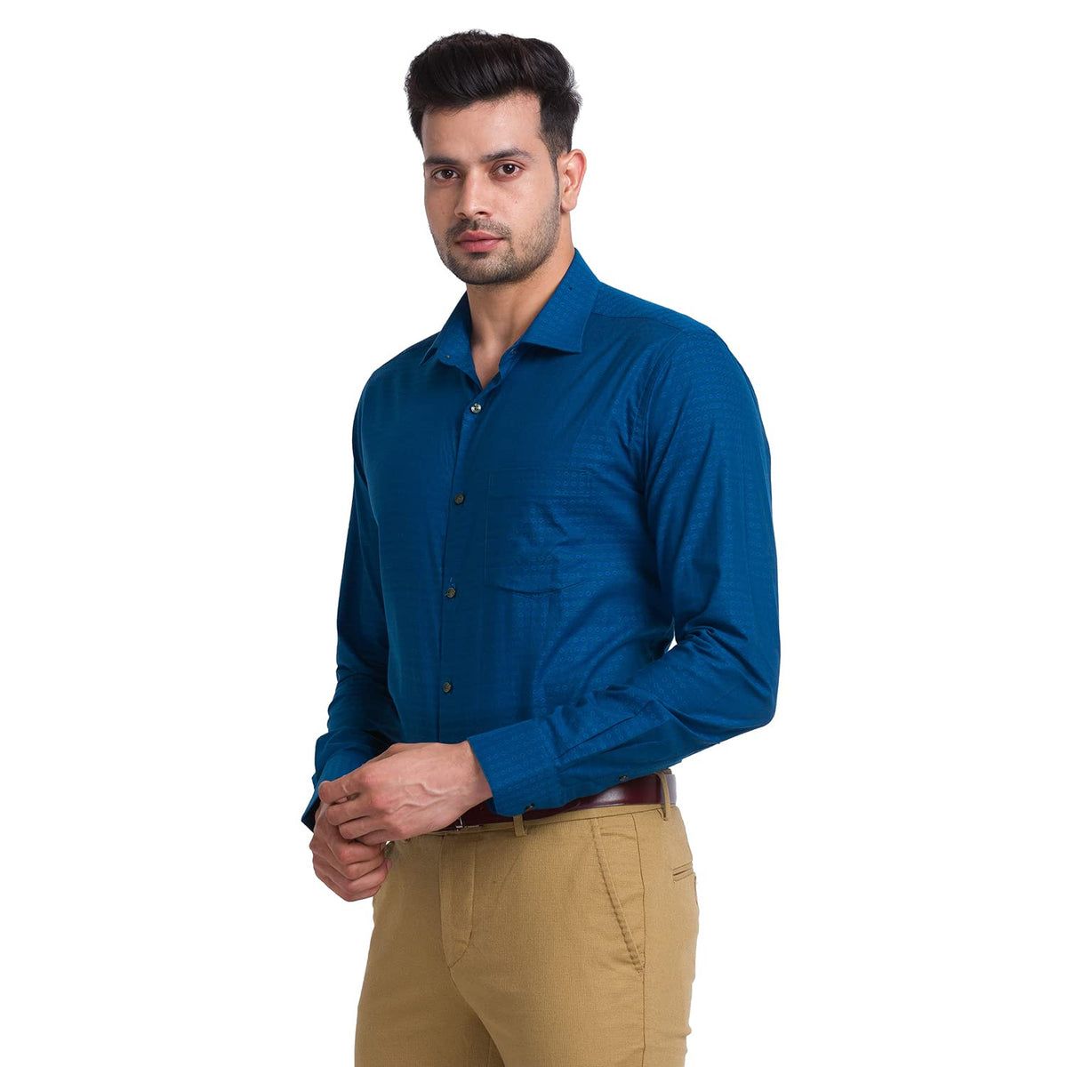 Park Avenue Men's Pure Cotton Structure Pattern Slim Fit Semi Cutaway Collar Full Sleeve Ceremonial Shirt 40 Fancy Blue