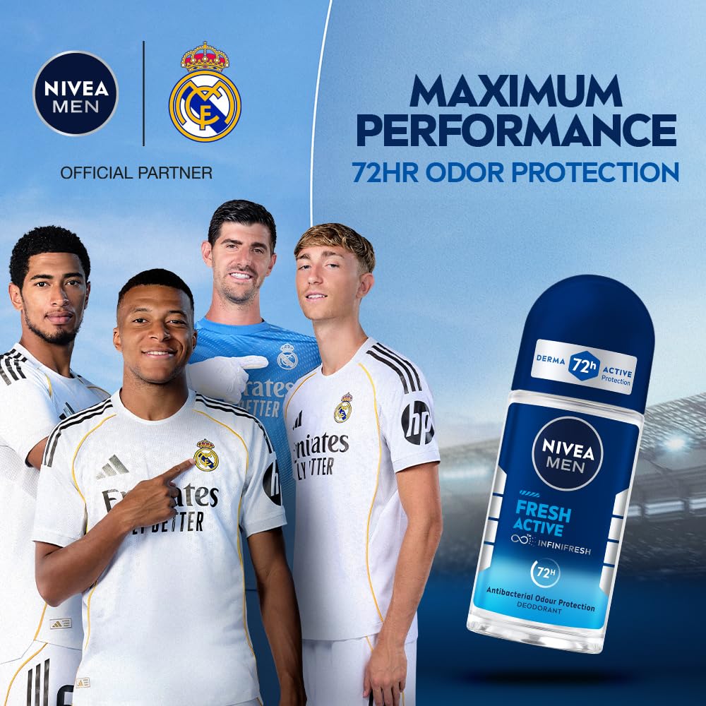 NIVEA MEN Fresh Active 50ml Deo Underarm Roll On | With Fresh Ocean Extracts Scent| 72 H Freshness| 0% Alcohol | Dermatologically Approved & Paraben Free Formul