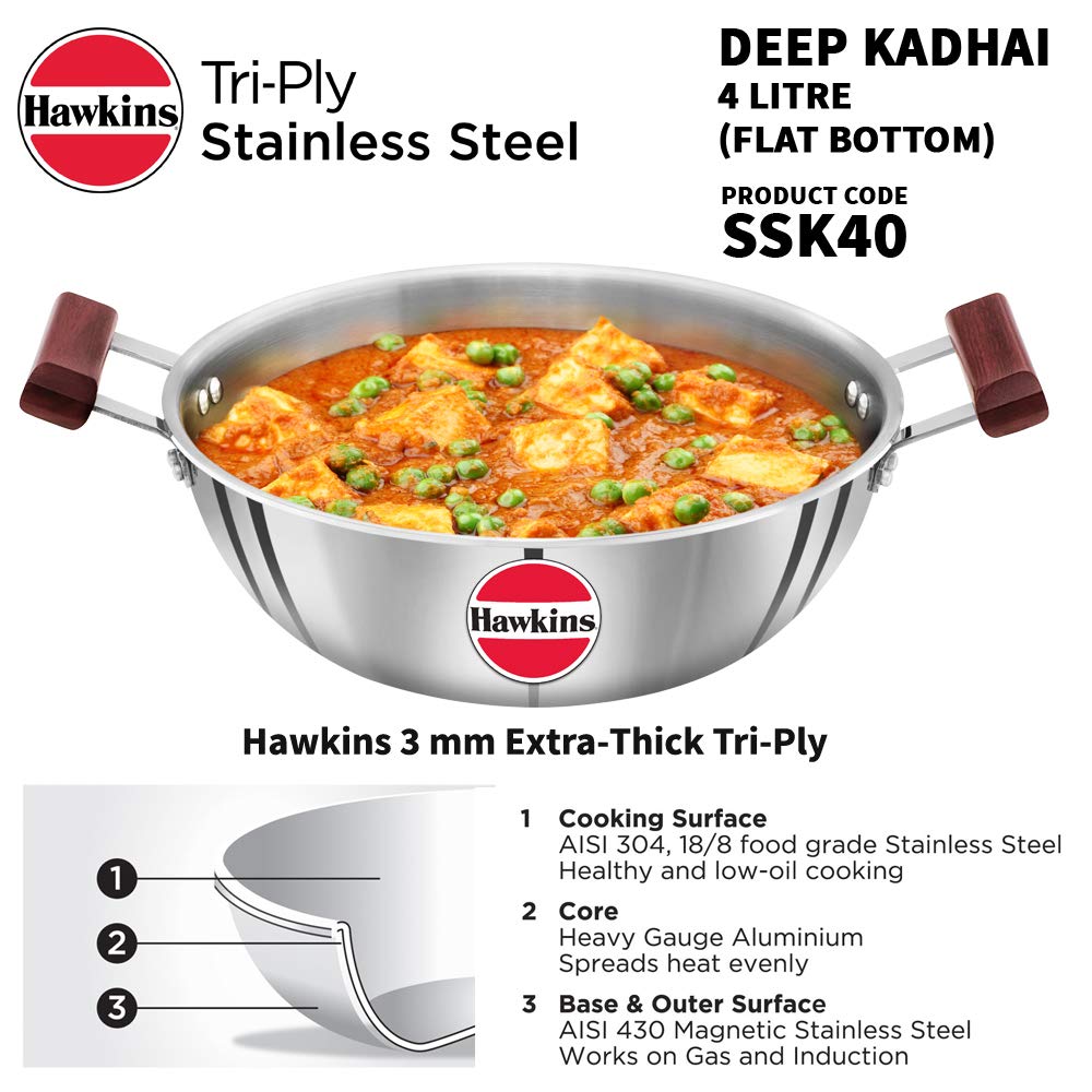 Hawkins 1.5 Litre Deep Fry Pan, Triply Stainless Steel Kadai, Flat Bottom Induction Kadhai, Small Kadai, Silver (SSD15)
