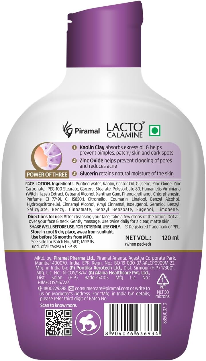 Lacto Calamine Daily Face Moisturizing Lotion for Oily Skin, 4.06 Fl Oz (120 ml), for Pimples, Acne, Dark Spots, and Blackheads