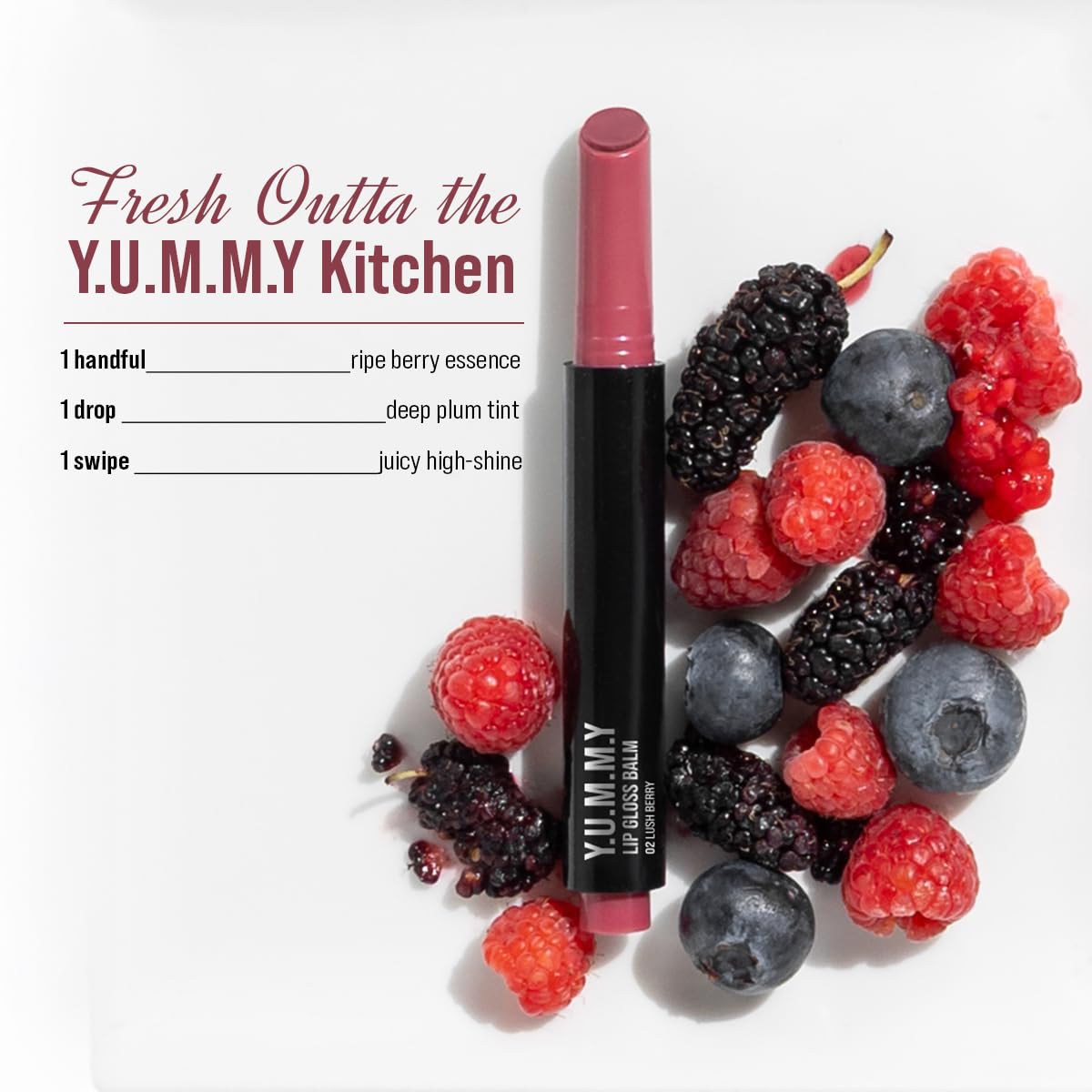 Staze Y.U.M.M.Y Lip Gloss Balm | 3-in-1 Gloss + Tint + Balm | High-Shine Glossy Finish | With SPF 15 | Non-sticky Formula with Hyaluronic Acid & Shea Butter | 02 Lush Berry | 2g