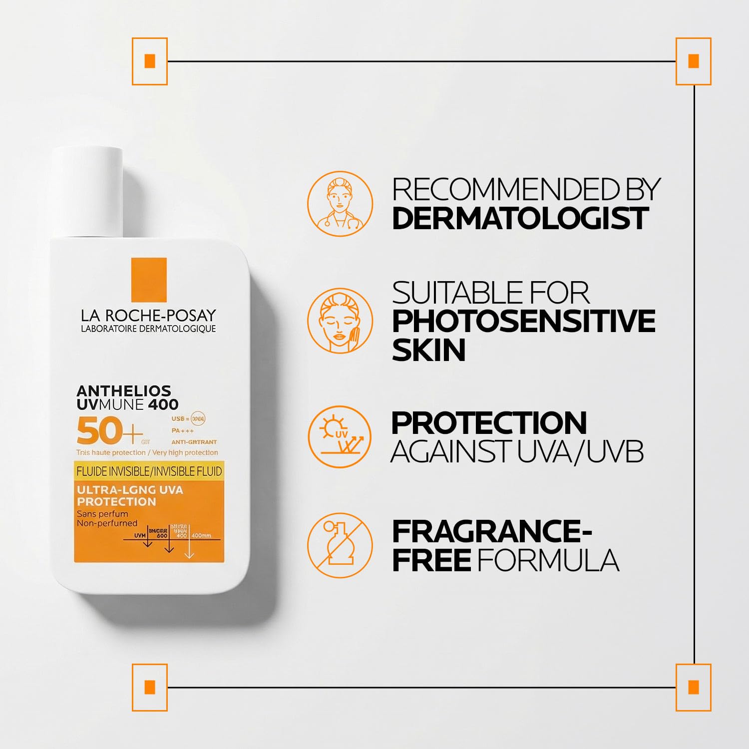 La Roche-Posay Anthelios Sunscreen UVMUNE400 Invisible Fluid SPF50 PA++++ Broad Spectrum UV Protection, Ultra-Lightweight, Non-Perfumed, for Sensitive Skin, 50 ml