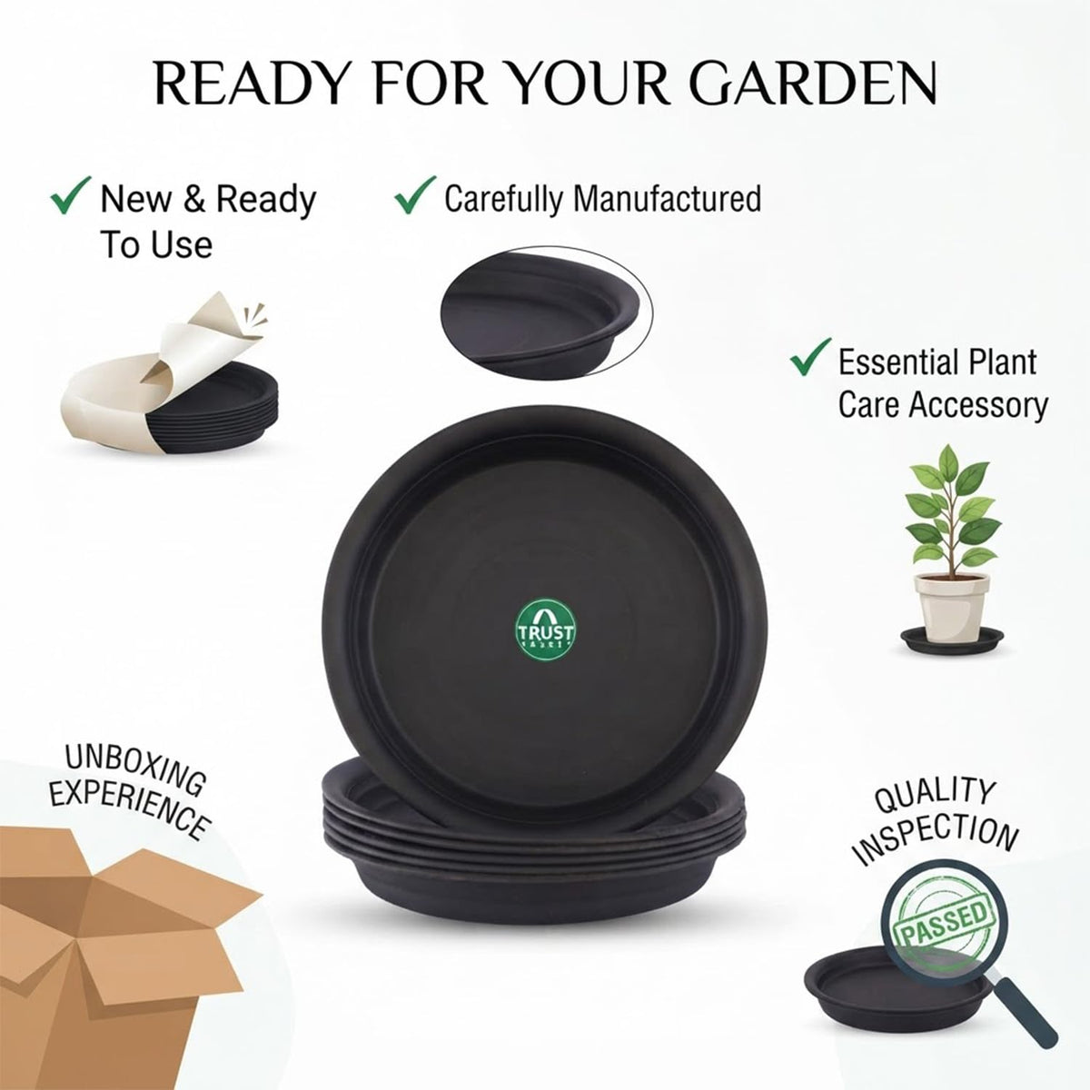 TrustBasket UV Treated Round Bottom Tray/Plate/Saucer Suitable for 10 inch Round Plastic Pot - Set of 6 | Heavy Duty Highly Durable Plant saucerGamla for Indoor