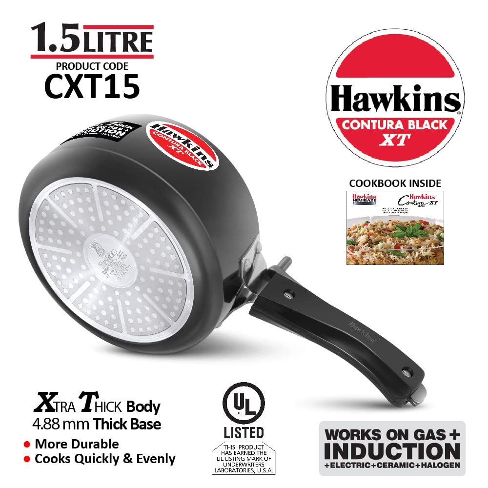 Hawkins 1.5 Litre Contura Black XT Pressure Cooker, Small Induction Cooker, Extra Thick Handi Cooker, Black (CXT15) 1.5 Litres