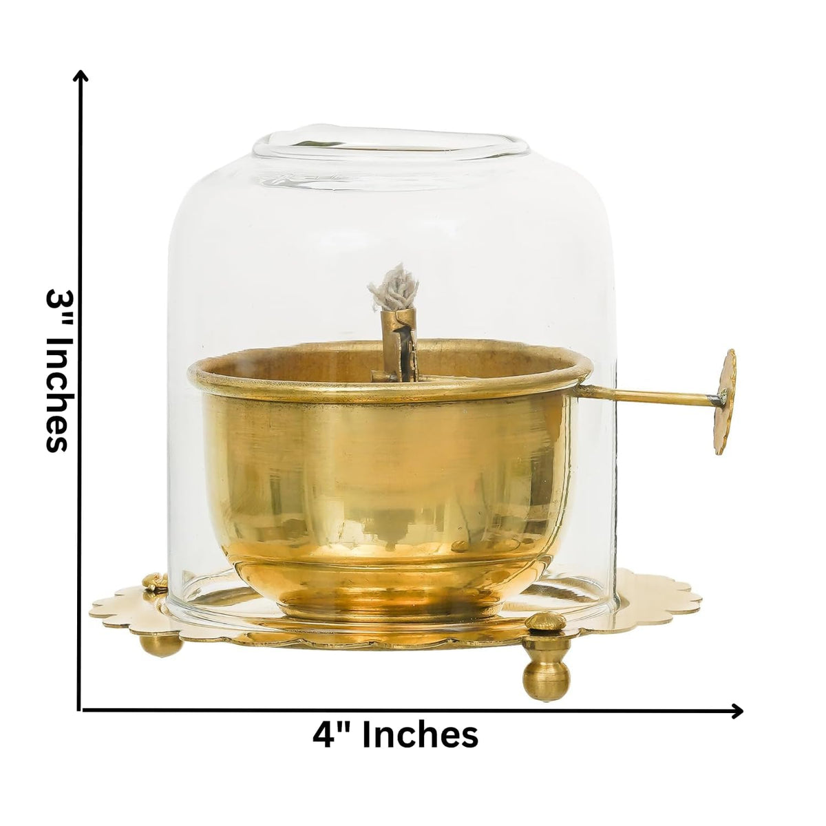Brass Akhand Jyot Diya with Adjustable Bati Wick Lifting Screw Home Decoration Gifting Joyti Holder Navratri & Borosilicate Glass Cover Oil Diyas Pooja(Small)