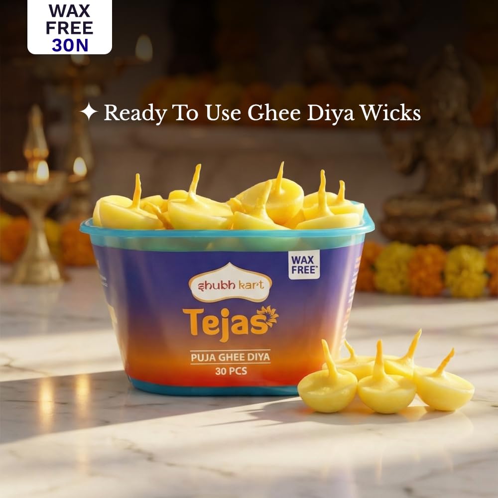 Shubhkart Tejas Ghee Diya with Batti Pack of 30 Diyas | Readymade Ghee Wicks| Diya Batti for Puja, Festivals & Other Religious Rituals| Wax Free (Pack of 1, 30