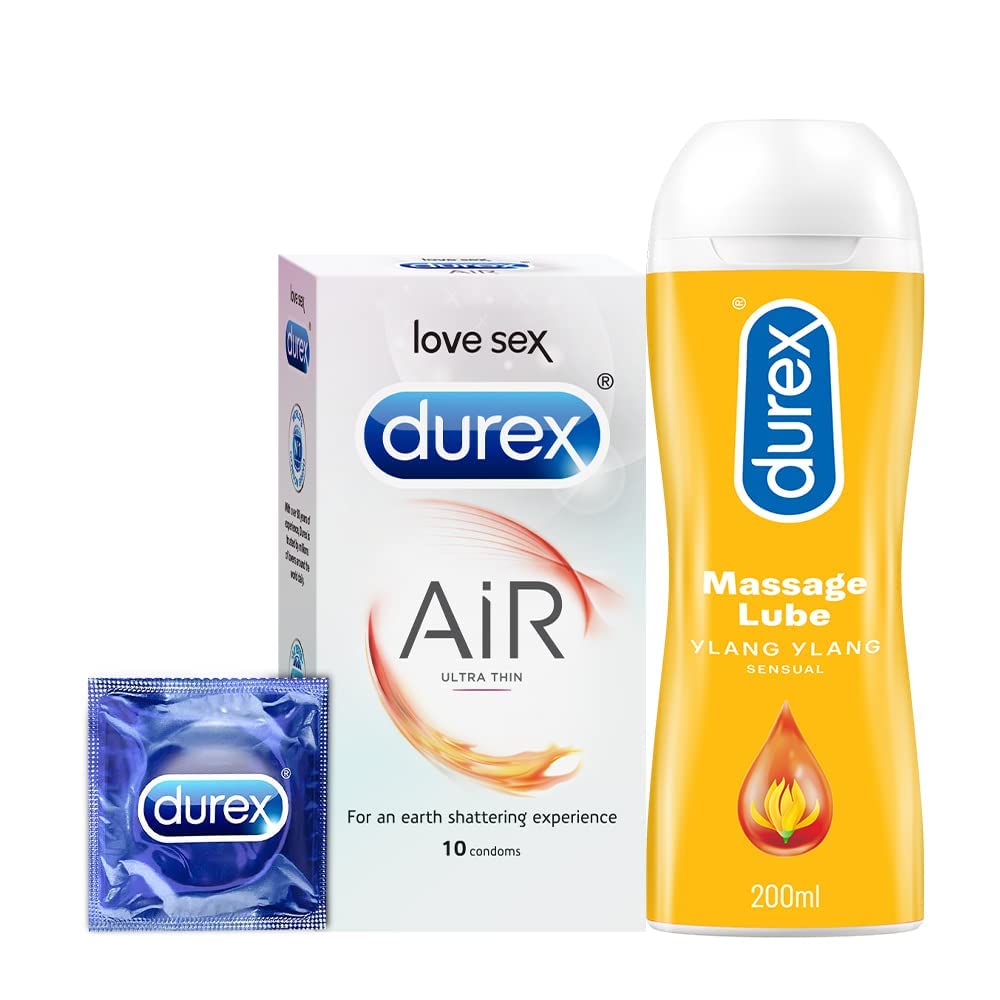 Durex Air Condoms for Men - 10 Count with Durex Lube Sensual Massage and Lubricant Gel for Men & Women - 200ml | Water based lube | Suitable for use with toys