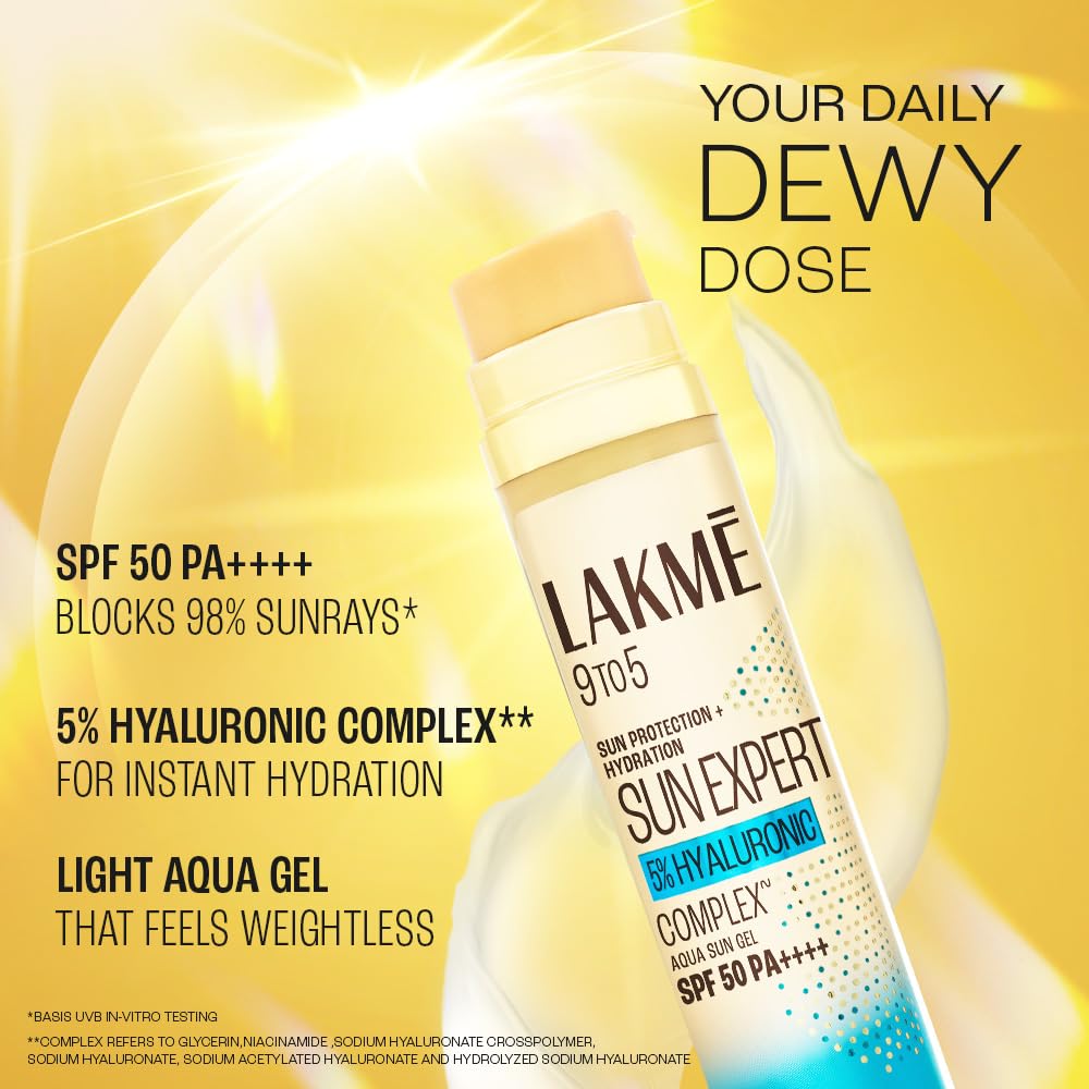 Lakmē 5% Hyaluronic water-light Sunscreen gel SPF 50 Pa++++ In-Vivo tested, Plump & Hydrated skin 56g 56 g (Pack of 1)