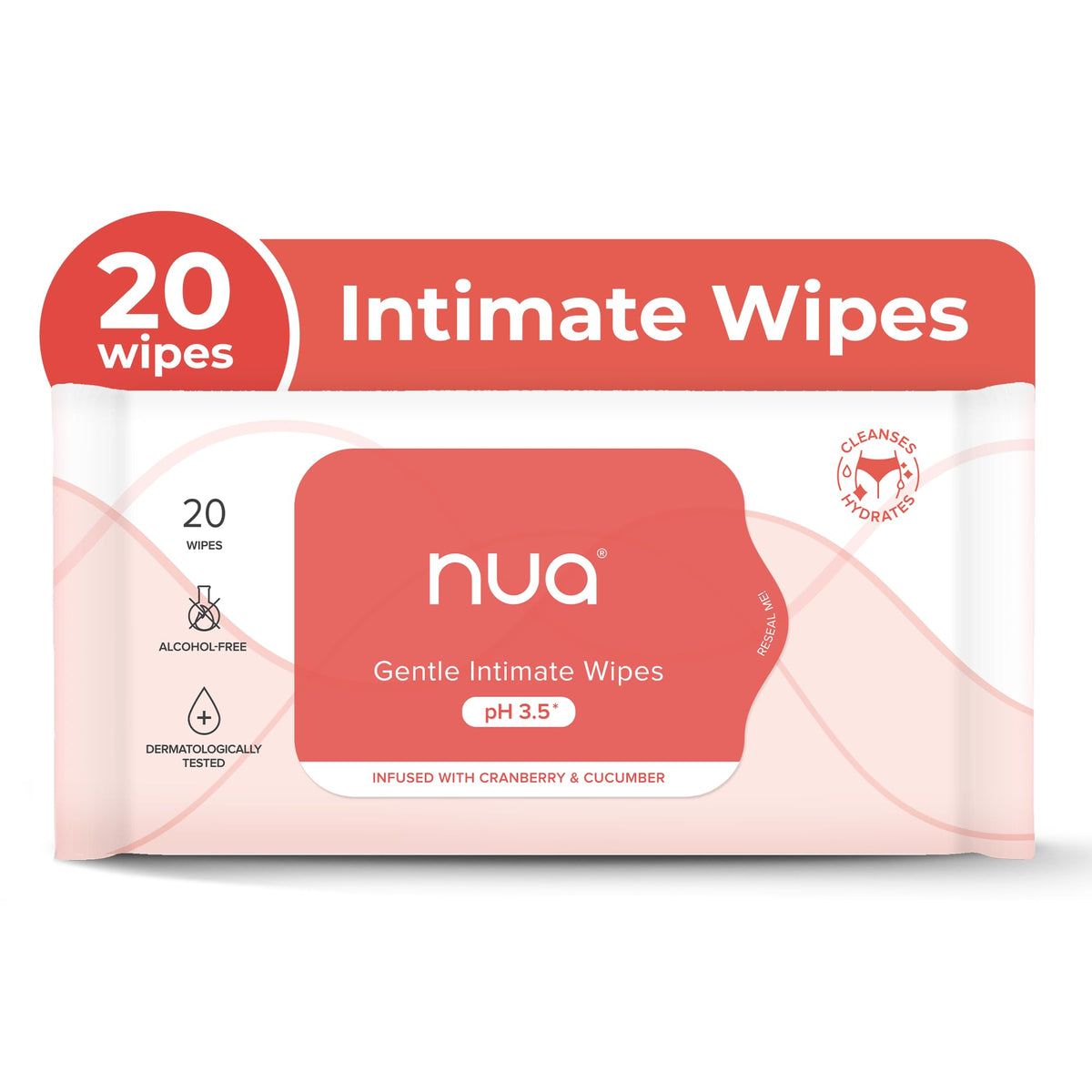 Nua Gentle Intimate Wipes | Infused with Cranberry, Cucumber and Aloe | Alcohol and Artificial-Fragrance Free | 100% Biodegradable 20.0