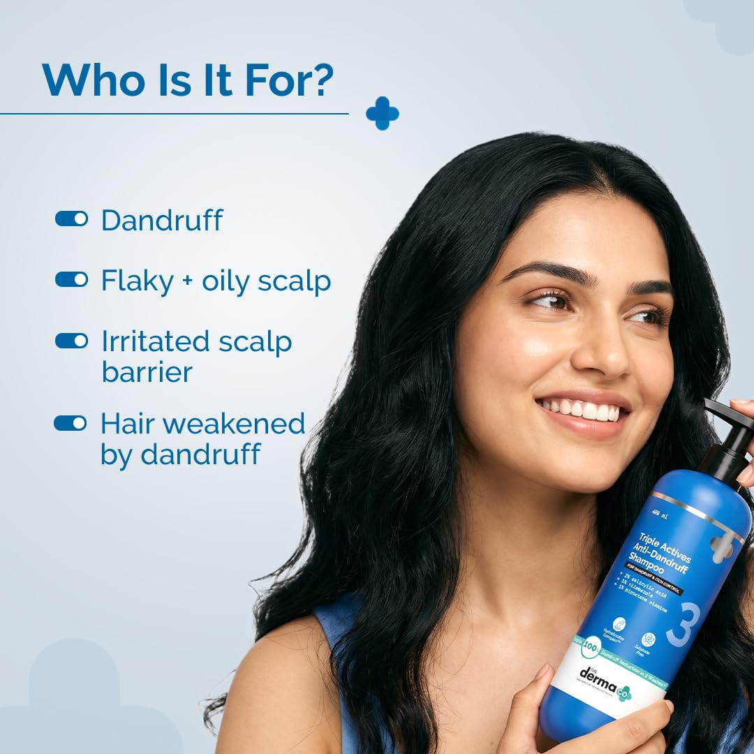 The Derma Co Triple Actives Anti-Dandruff Shampoo | Up To 100%* Dandruff Reduction | 2% Salicylic Acid + 1% Climbazole + 1% Piroctone Olamine & Menthol | ZPTO-Free | pH 5.5, Non-Drying & Sulphate-Free formula | Suitable for Men & Women | 400 ml