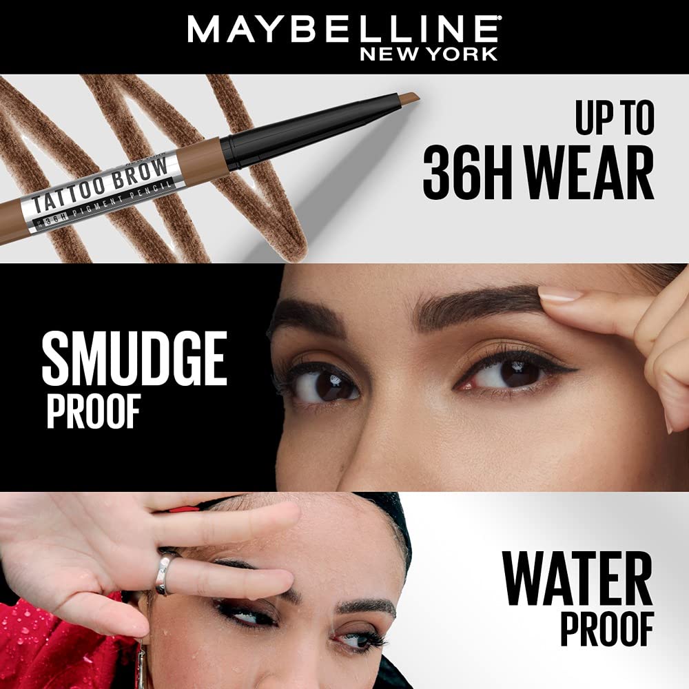 Maybelline Tattoo Brow 36 Hr Brow Pencil, Natural Brown | Waterproof Eyebrow Pencil with Precision Tip, 0.25gm
