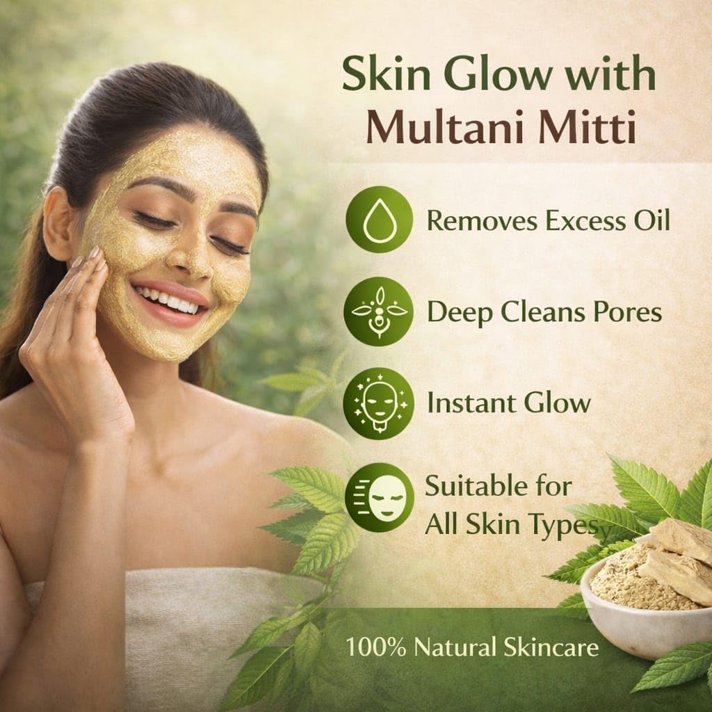 Multani Mitti Powder for Face & Hair 100% Natural Fuller’s Earth for Oil Control, Acne Care & Skin Brightening Deep Cleansing Face Pack Glowing Skin Chemical-Fr