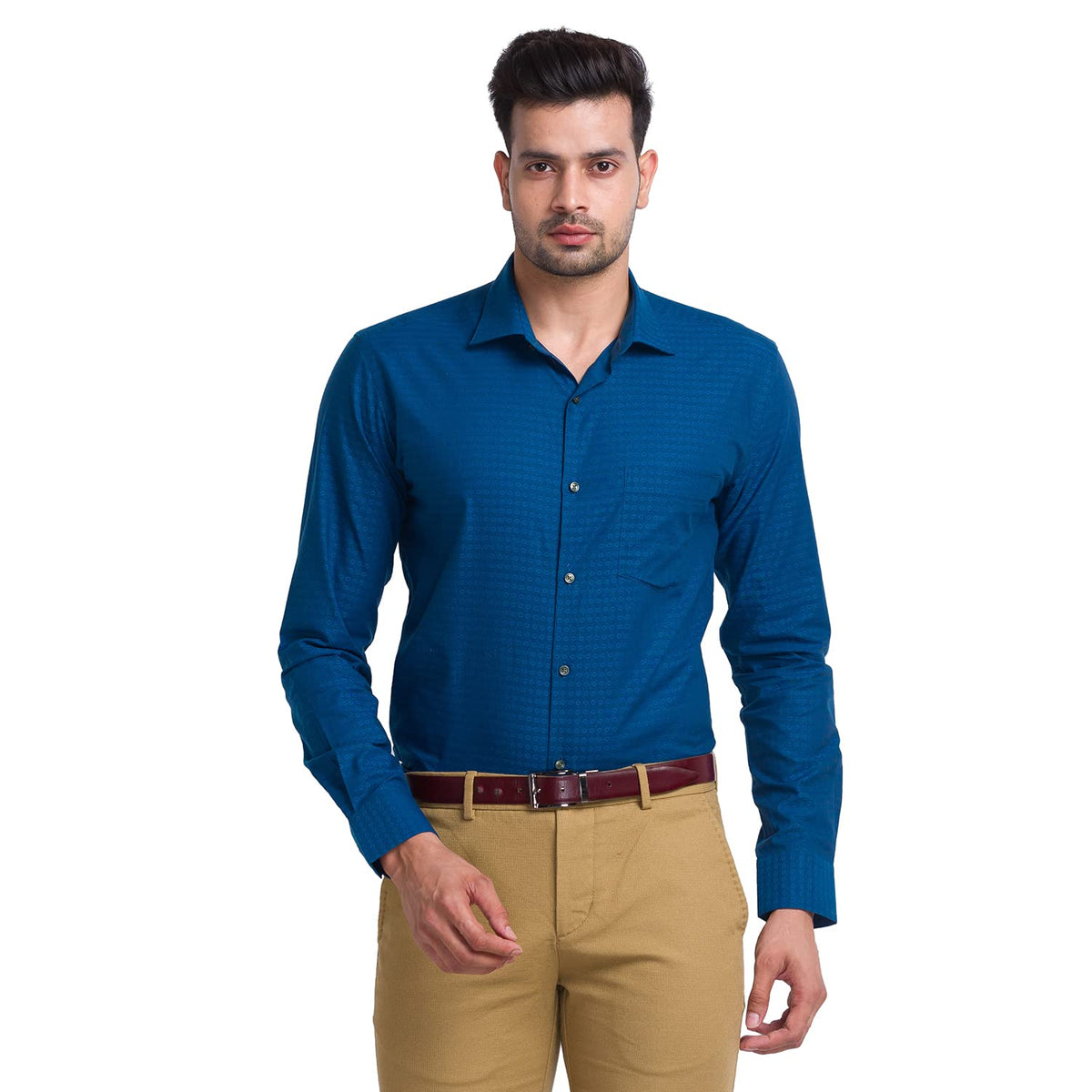 Park Avenue Men's Pure Cotton Structure Pattern Slim Fit Semi Cutaway Collar Full Sleeve Ceremonial Shirt 40 Fancy Blue