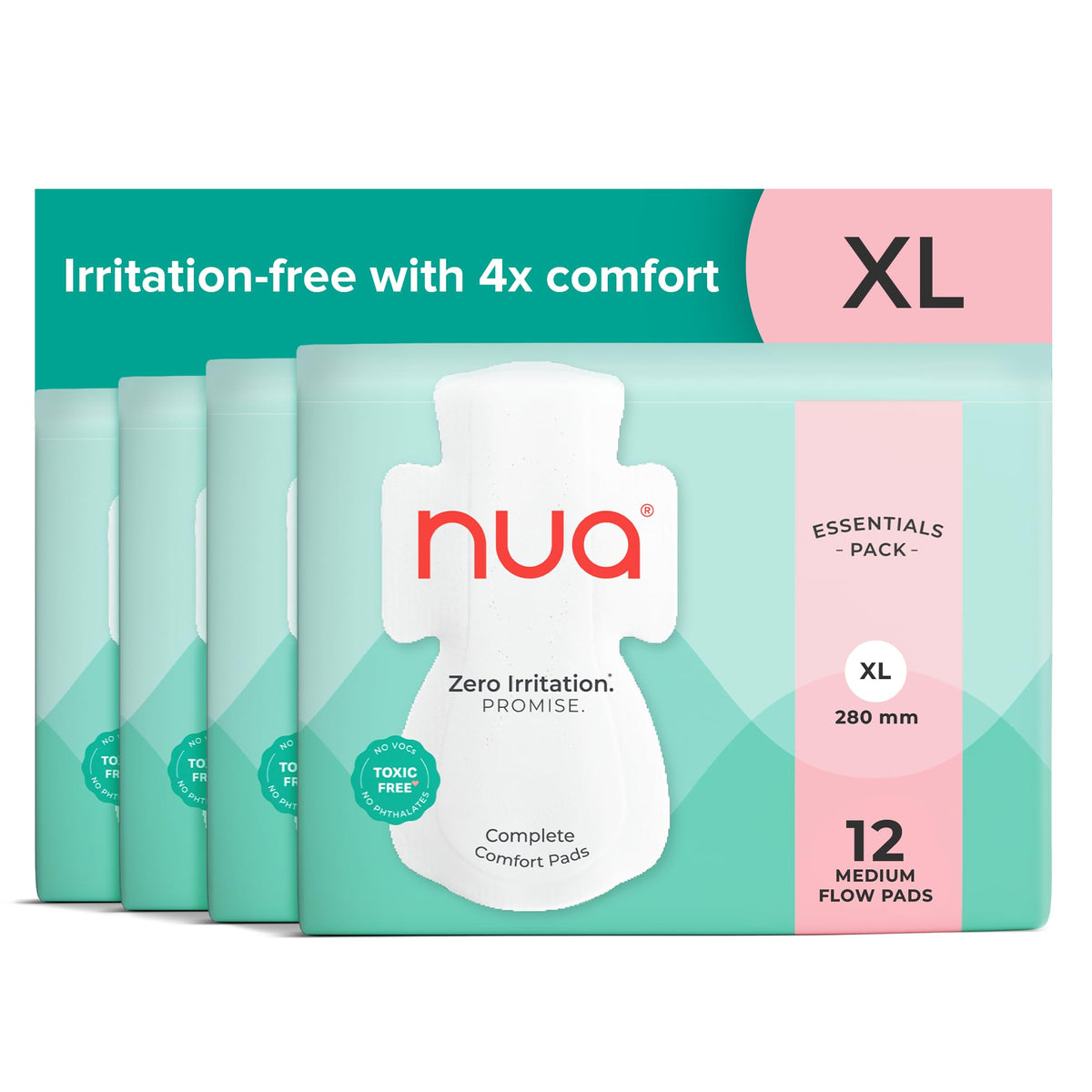 Nua Complete Comfort Sanitary Pads for Women | SUPER SAVER Pack of 4 (48 Pads) | Rash Free | Zero Irritation | Leakproof, Unscented & Toxin-Free | Gentle on Sen