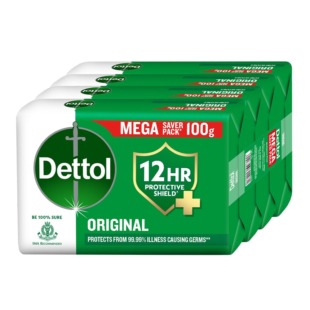 Dettol Original Bathing Soap Bar with 12 HR protective shield (400gm) | Kills 99.99% Germs, 100g (Pack of 4) 100 g (Pack of 4) Original_New_2024