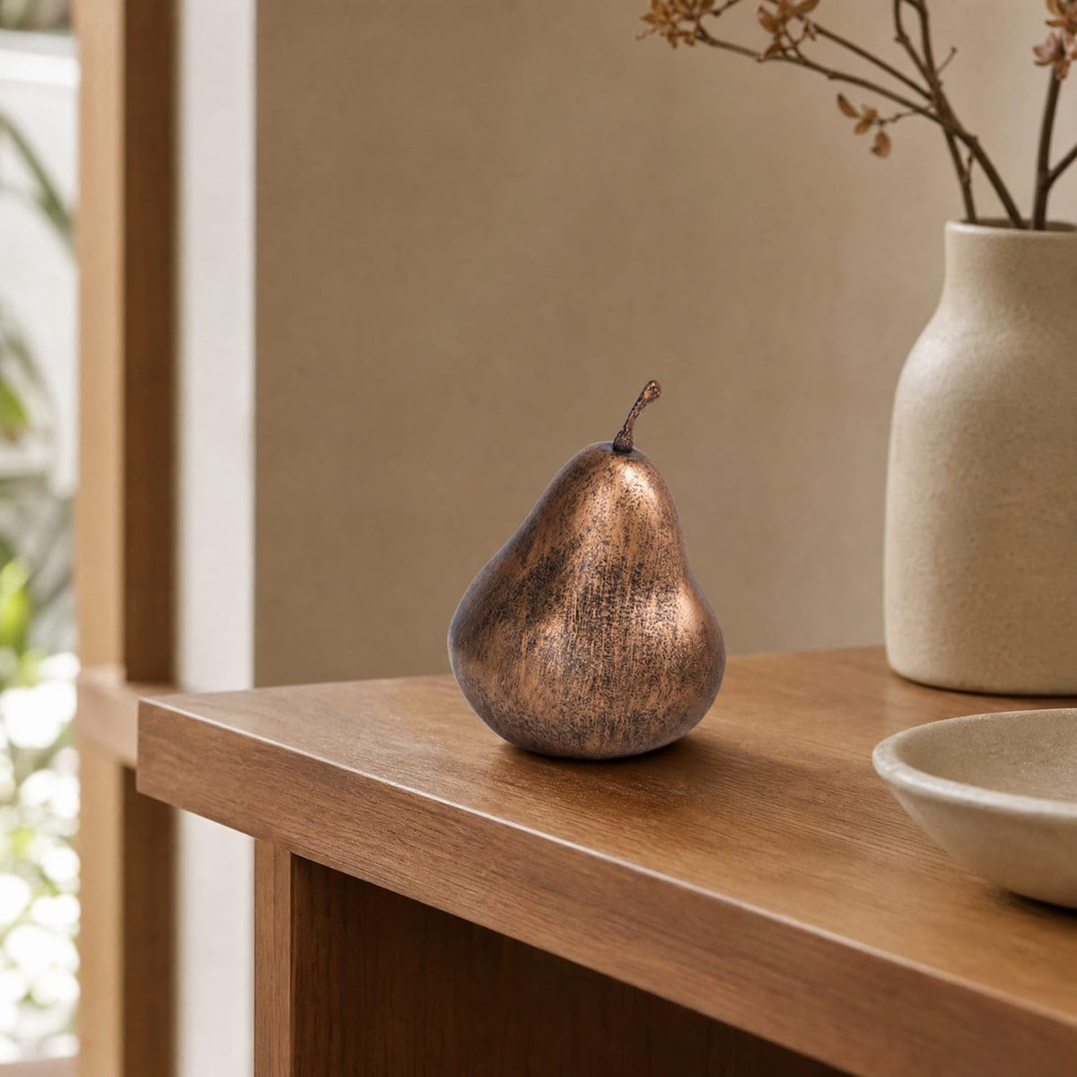 Easy to Clean Pear-Shaped Resin Ornament Compact Mottled Brown Pear Ornament Sculptural Tabletop Accent Versatile for Display Shelf, Living Room, Dining Table,