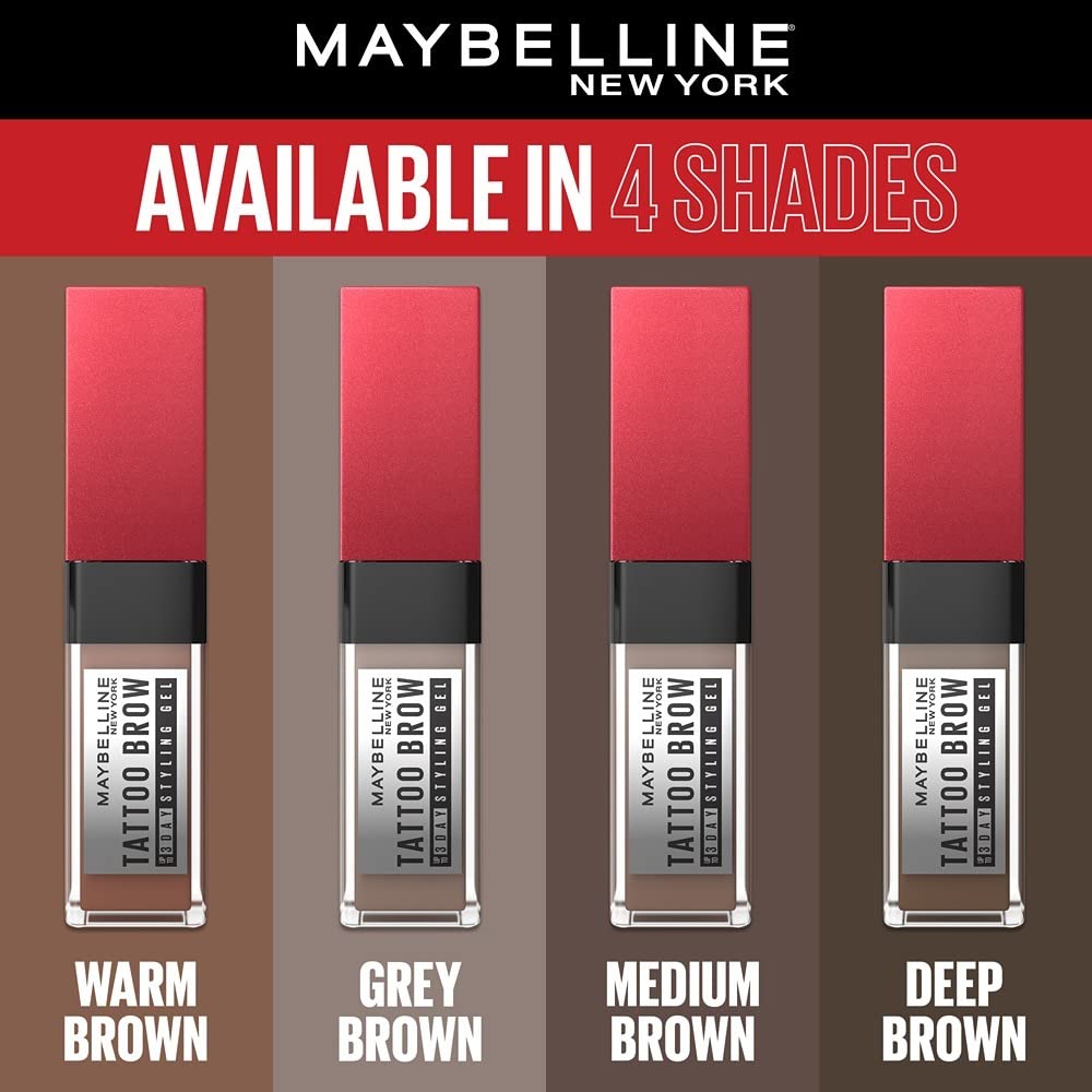 Maybelline New York Tattoo Brow 3 Day Styling Brow Gel - Grey Brown, Semi-permanent Tinted Eyebrow Gel, Water, smudge & Transfer-proof. Tattoo Brow 3 Day Styling Brow Gel Last Up To 3 Days | 6ml