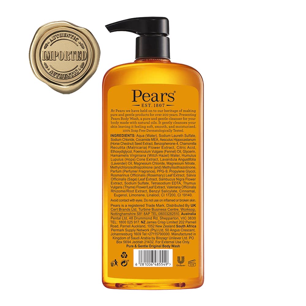 Pears Pure & Gentle Shower Gel, Body Wash with Glycerine and Natural Oils, 100% Soap-Free, Paraben Free (Imported) 750 ml