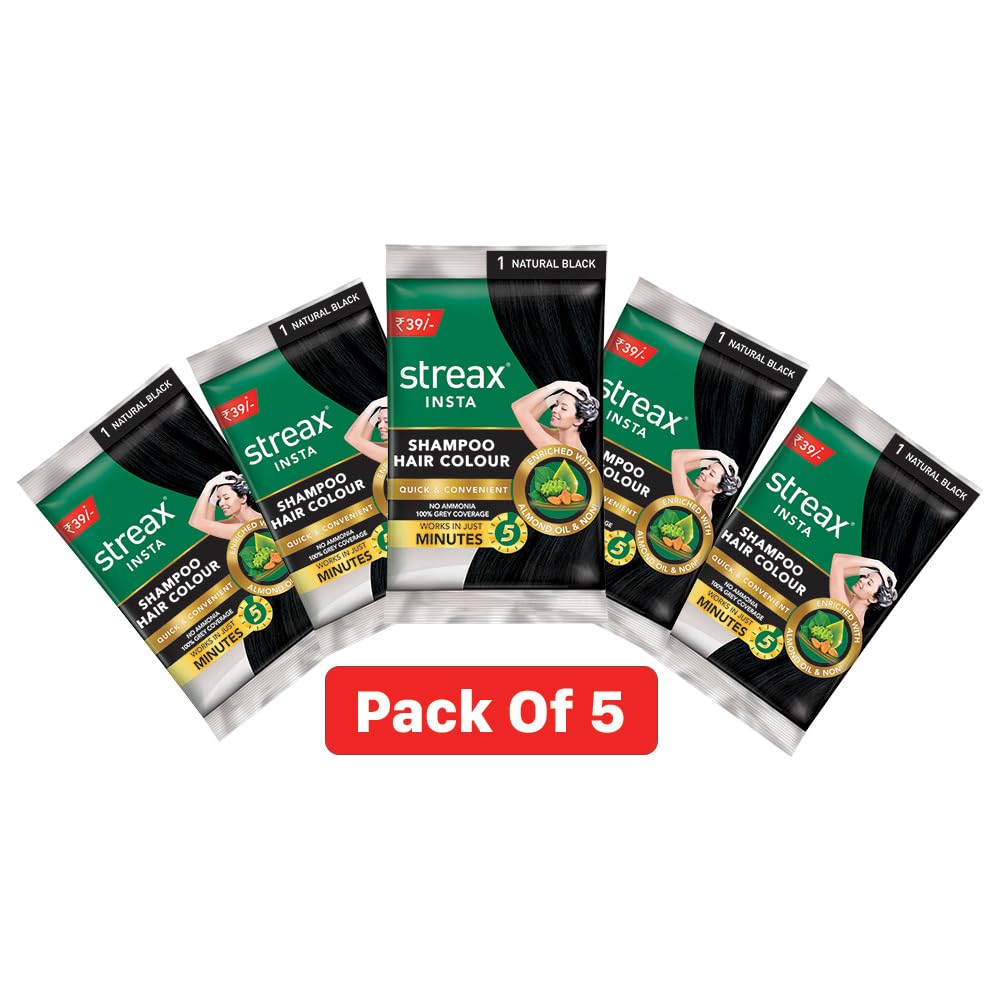 Streax Insta Shampoo Hair Colour Black for Women and Men, Pack of 5 | Natural Black Hair Colour | 100% grey coverage in 5 minutes | Long lasting, easy to use 24