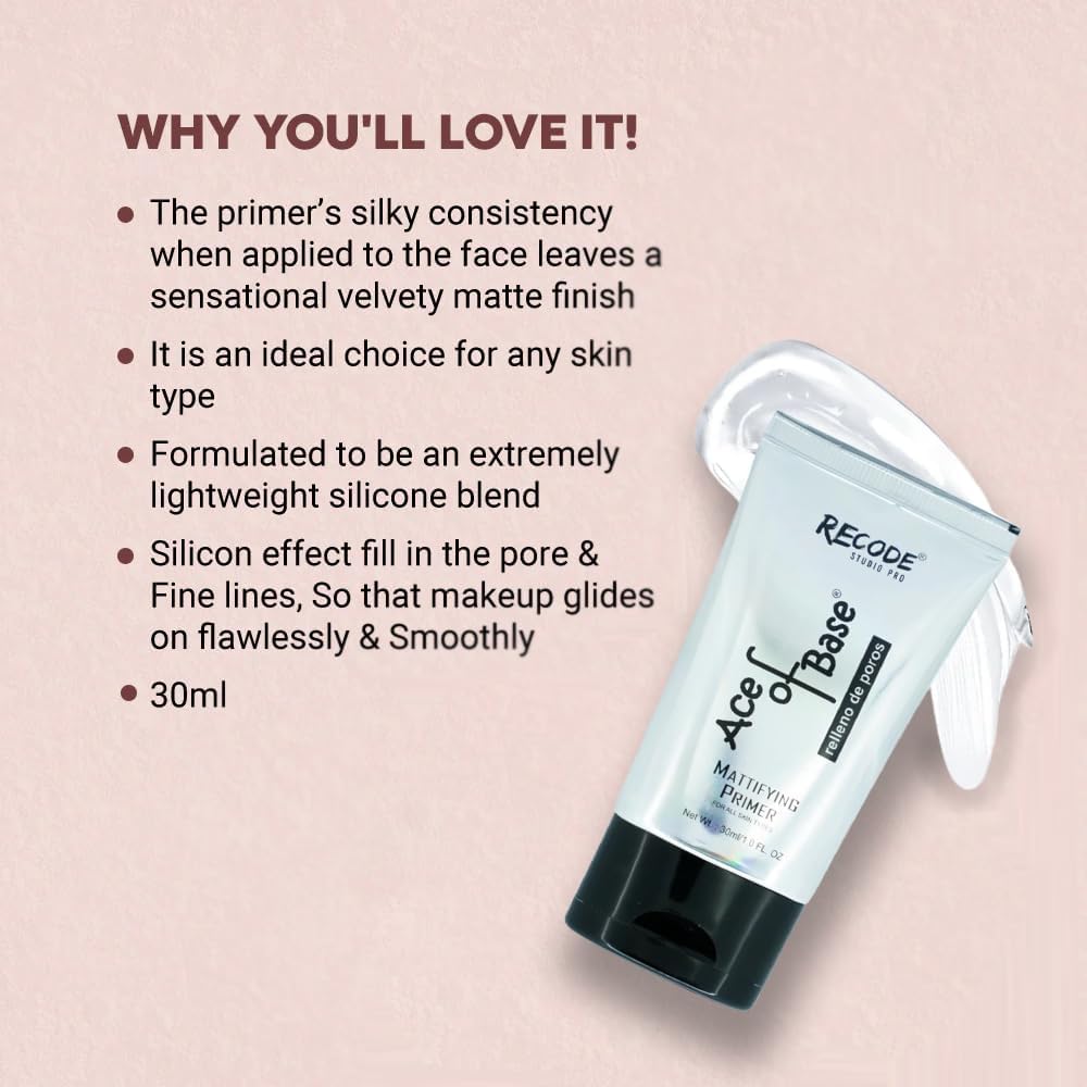Recode Makeup Ace of Base Primer for Oily & Dry Skin, Lightweight & Silky Smooth, Face Primer for Women & Girls, All Skin Types, 30ml