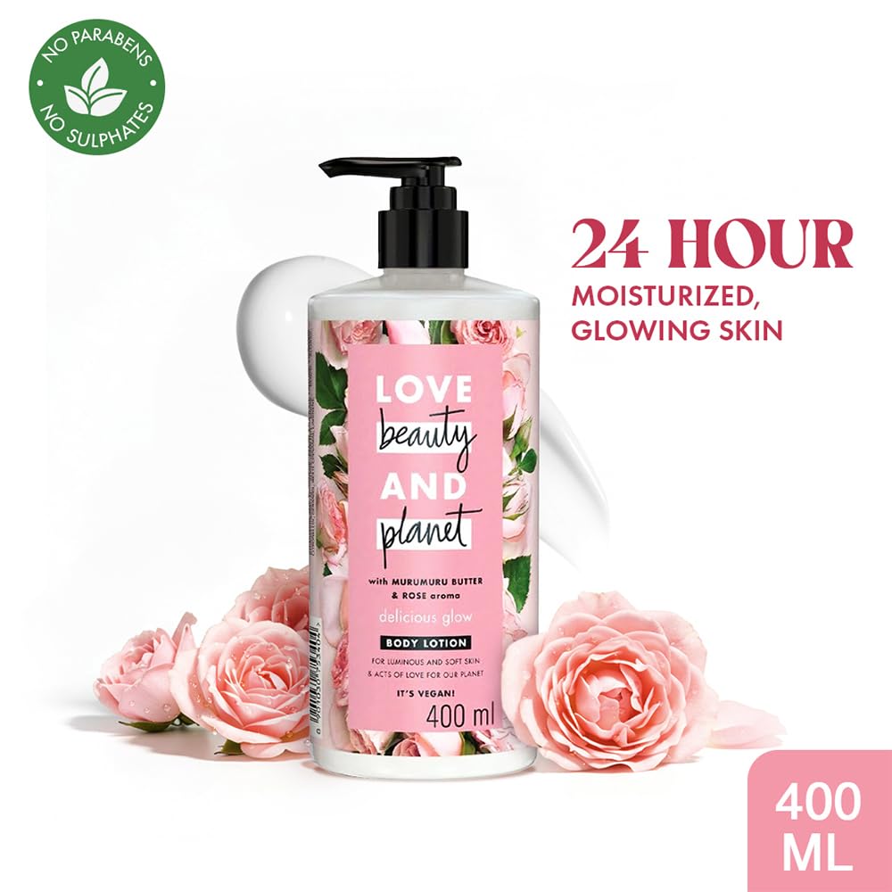 Love Beauty & Planet Natural Murumuru Butter & Rose Glow Body Lotion | 24 hour Moisturization | Non-Sticky | Fast Absorbing | For Normal to Dry Skin | Paraben Free | Vegan | Cruelty-Free | 400 ml