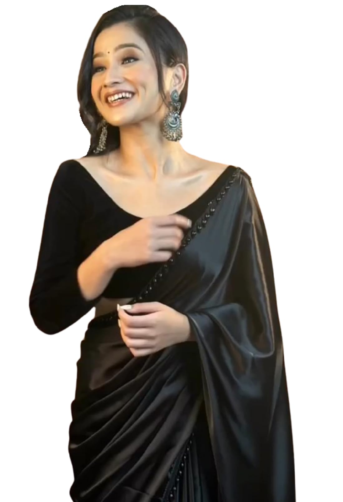 Women's Ready to Wear Black Satin Silk 1 Minute Pre Pleated Indian Saree With Unstiched Blouse