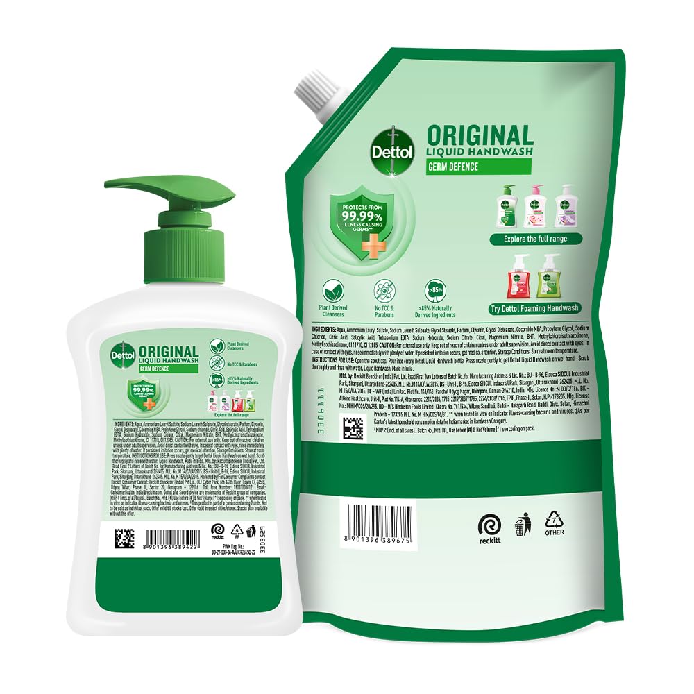 Dettol Liquid Handwash Refill - Original Hand Wash- 675ml and Dettol Liquid Handwash Pump 200ml | Germ Defence Formula | 10x Better Germ Protection