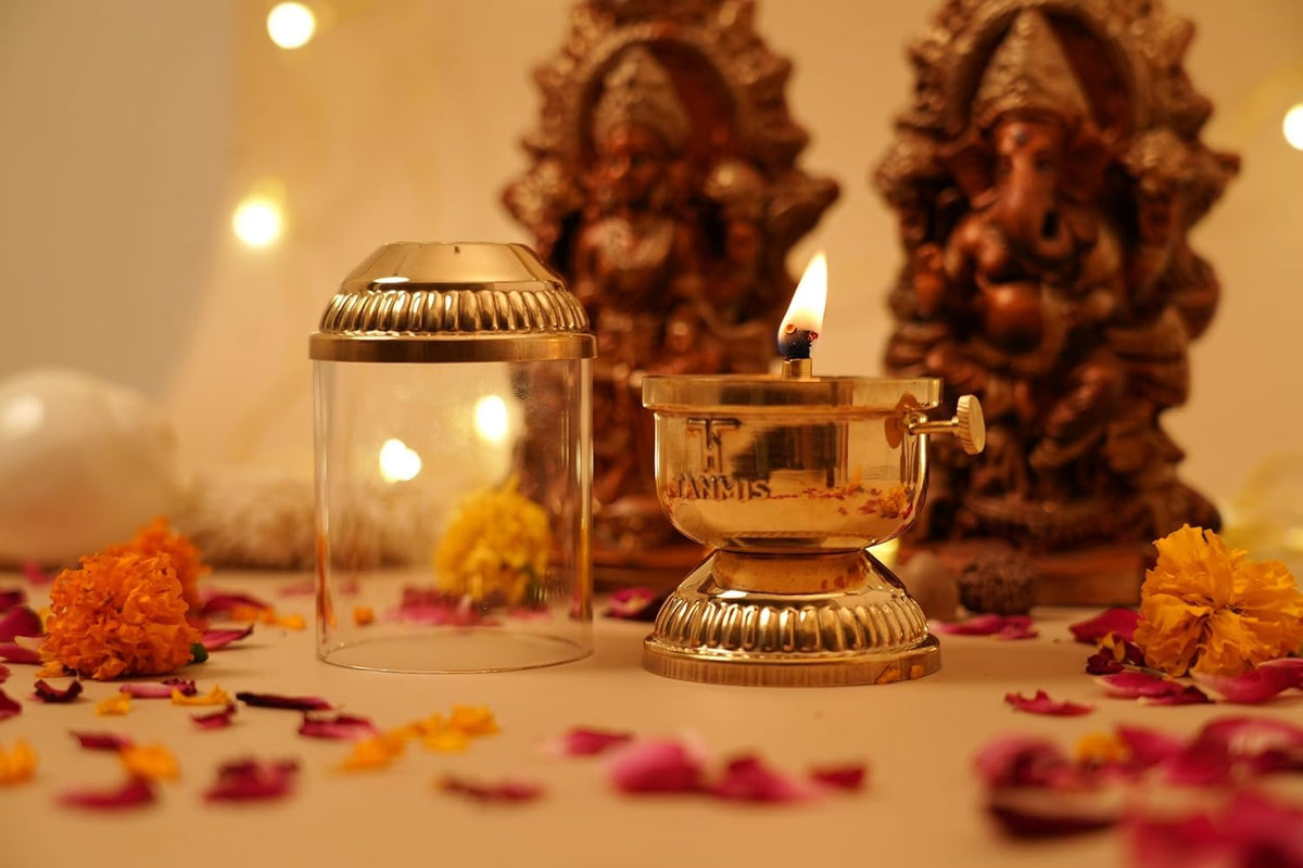100% Pure Brass Akhand Jyoti Diya with Borosilicate Glass Cover | Windproof Akhand Deepak for Puja Room, Mandir & Temple | Adjustable Bati | 80 ml Oil Capacity