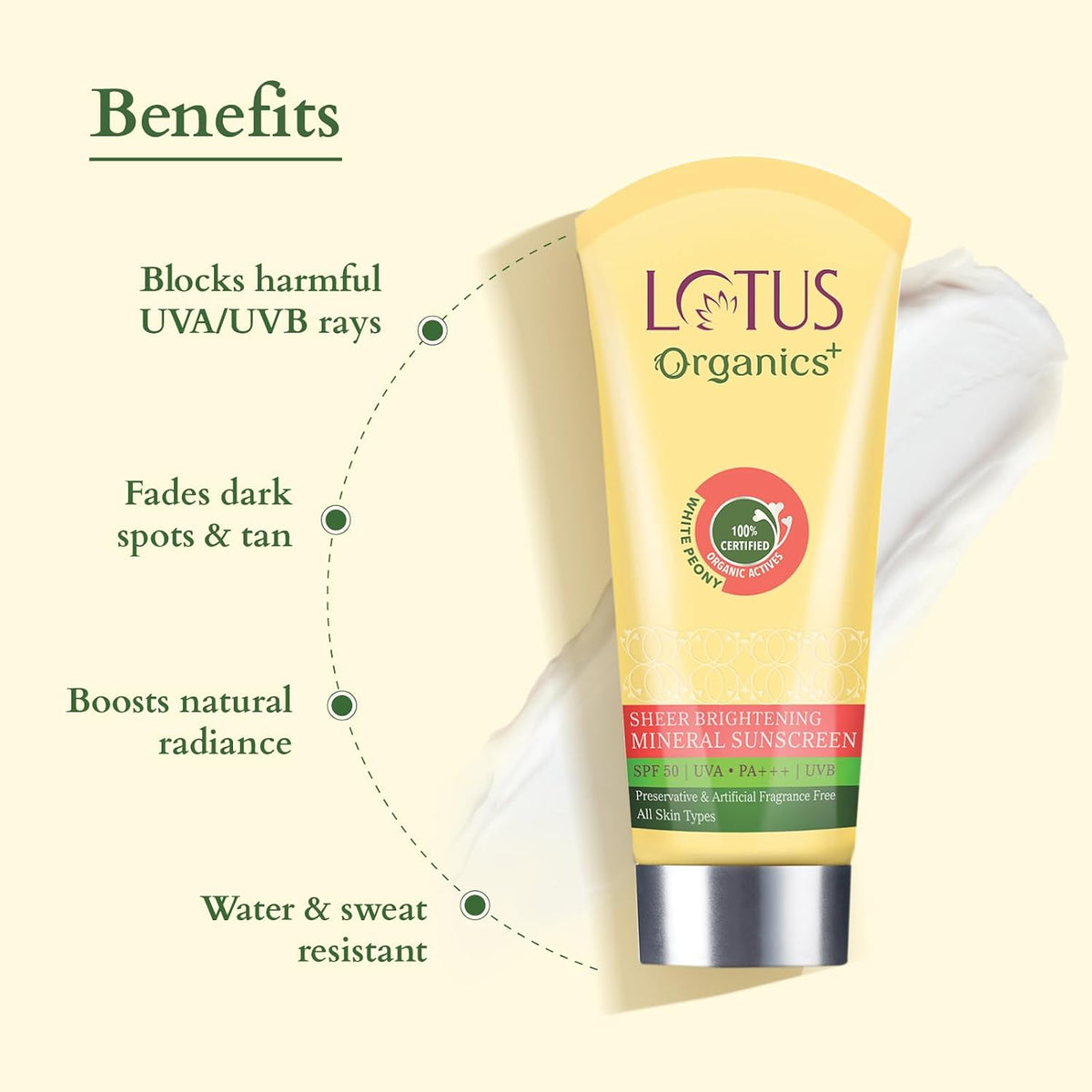 Lotus Organics+ Sheer Brightening Mineral Sunscreen | Non Greasy & Lightweight | SPF 50 | PA+++ | 100% Certified Organic White Peony | Fights Tanning & Pigmenta