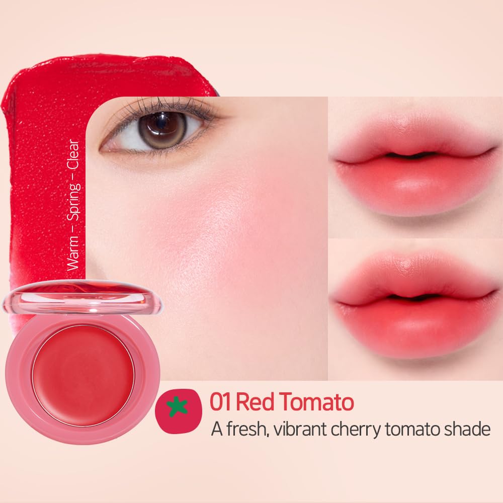 Etude Fruity Lip & Cheek Blur Balm| Cream blush, Soft Melting Texture| Highly pigmented Korean Tint| Cute Puff applicator|Korean Makeup- 01 Red Tomato 2.3g