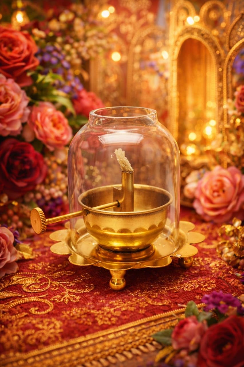Brass Akhand Jyoti Diya Oil Lamp with Adjustable Bati Knob, Glass Cover Deep for Puja, Deepam Jyot Lamp, 30 ml Oil Capacity, Up to 12 Hours Burning, Brass Pooja
