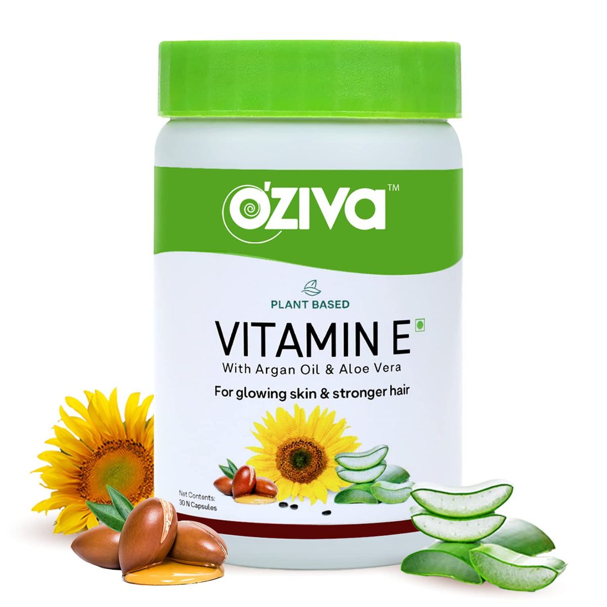 OZiva Plant Based Natural Vitamin E (With Sunflower Oil & Argan Oil) For Face & Skin Glow,30 Capsules & Plant Based Biotin 10000+ Mcg (With Natural Sesbania Aga