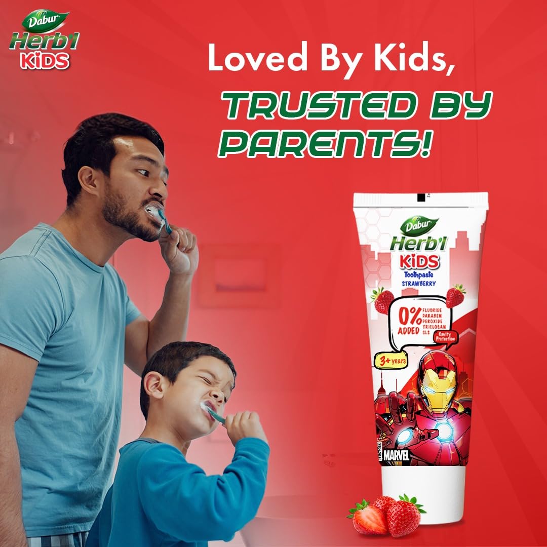 DABUR Herb'l Kids Iron Man Toothpaste|3+ Years|Strawberry Flavour|80 G|No Added Chemicals|Cavity Protection|Fights Germs|Strong Teeth,Healthy Gums|Natural & Safe For Kids|Sls & Flouride Free
