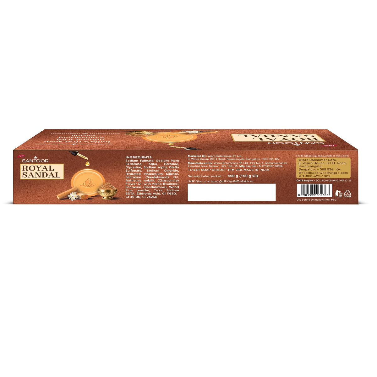 Santoor Royal Sandal Soap | Infused with Sandalwood Serum | Tan Removal | 100% Pure Sandalwood Oil & Powder | Helps Reduce Tan for Even-Toned, Glowing Skin | 15