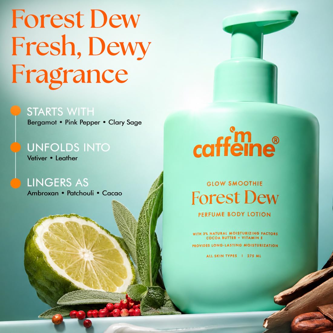 mCaffeine 3% NMF Serum Moisturizing Perfume Body Lotion| Forest Dew | 72 Hr Long Lasting Moisturization for Dry Skin| Lightweight & Non-Sticky | Daily Use for M