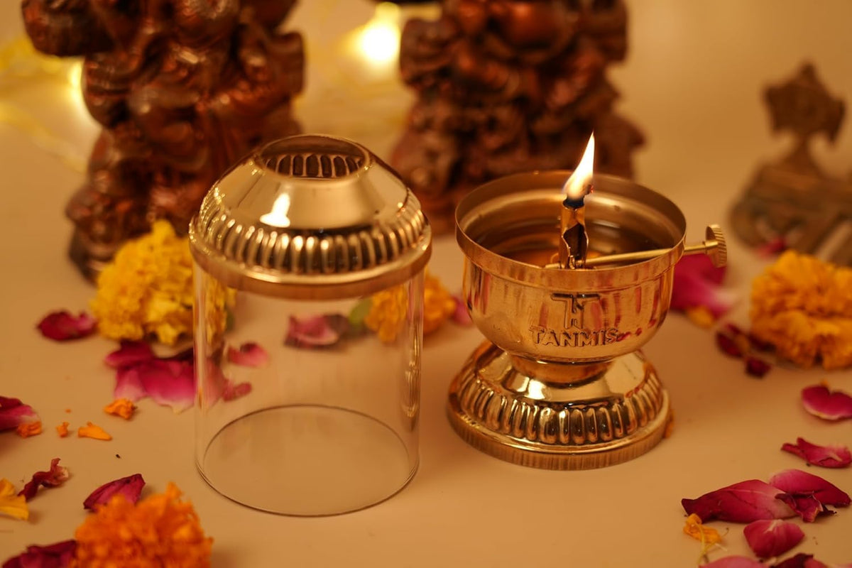 100% Pure Brass Akhand Jyoti Diya with Borosilicate Glass Cover | Windproof Akhand Deepak for Puja Room, Mandir & Temple | Adjustable Bati | 80 ml Oil Capacity