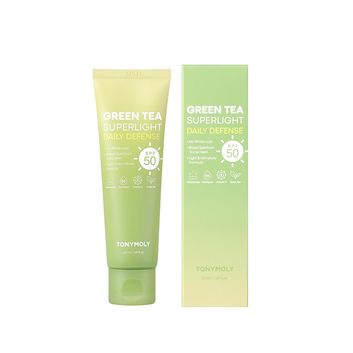 TONYMOLY Green Tea Korean Sunscreen SPF 50+ PA++++ — No White Cast, Lightweight Face Sunscreen for All Skin Tones, Hydrating with Niacinamide, Panthenol & Hyaluronic Acid, 1.69 fl oz