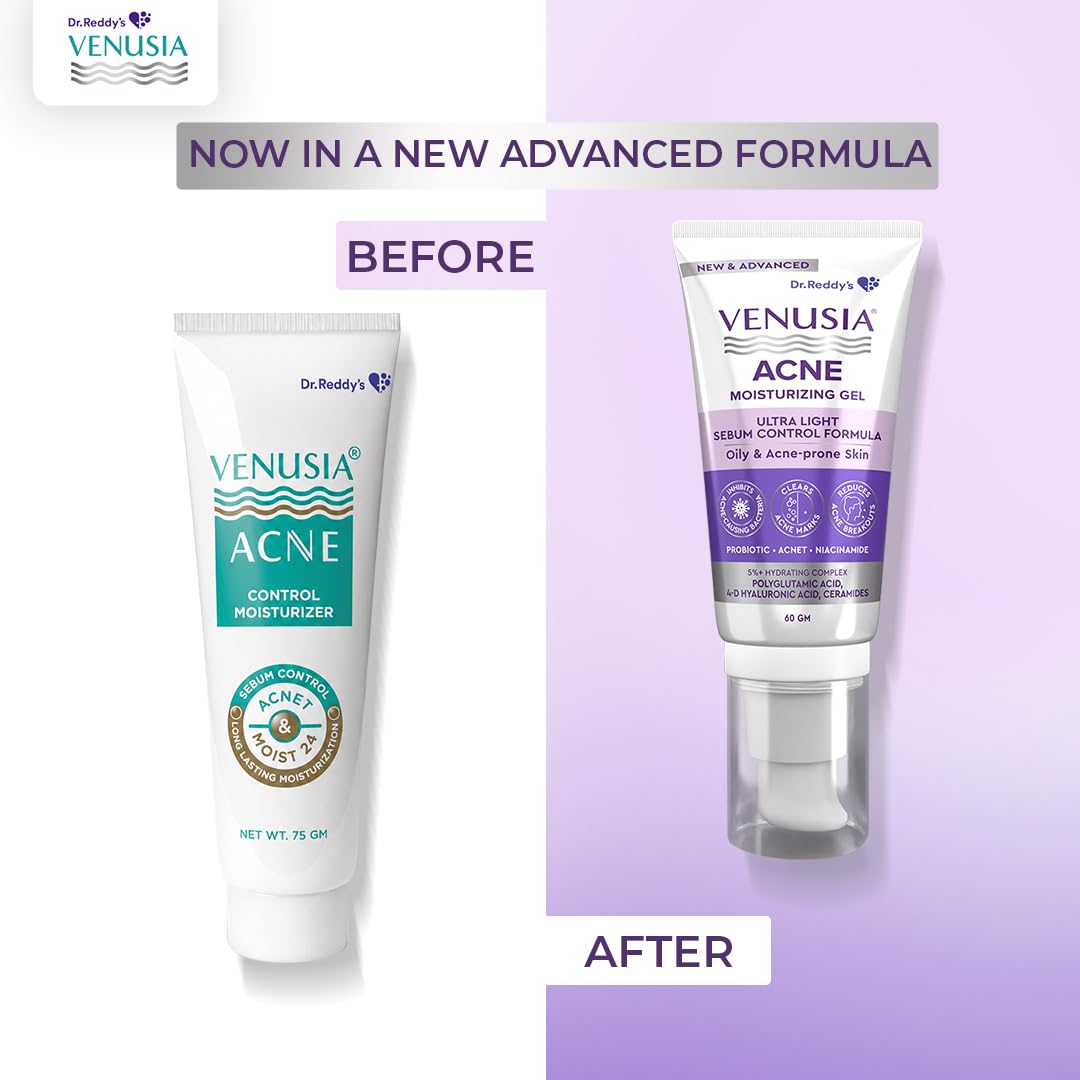 Dr. Reddy's Venusia Acne Moisturizing Gel For Oily & Acne Prone Skin | Ultra-light Sebum Control Formula With 5%+ Hydrating Complex, Polyglutamic Acid, 4-D Hyal