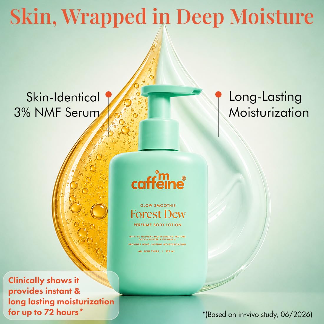 mCaffeine 3% NMF Serum Moisturizing Perfume Body Lotion| Forest Dew | 72 Hr Long Lasting Moisturization for Dry Skin| Lightweight & Non-Sticky | Daily Use for M