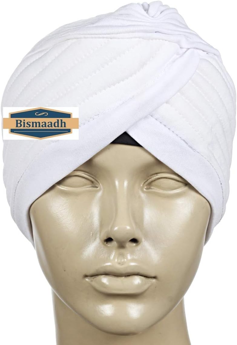 BISMAADH Instant Readymade Turban for Men & Women Head Wrap Lightweight Cap Headwear Sikh Pagri One Size White