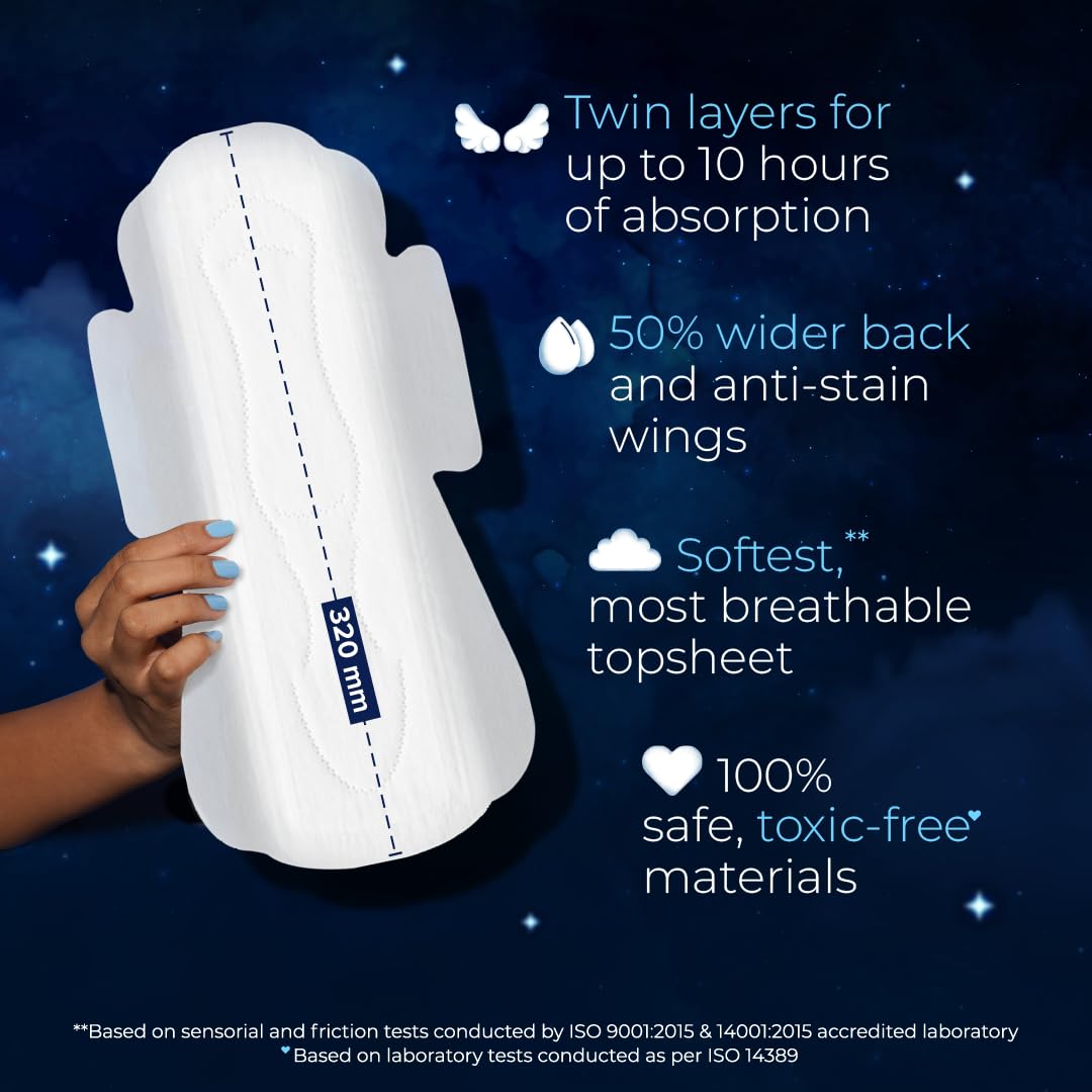 Nua All Night Comfort Sanitary Pads | Pack of 30 (XL++ 320mm) | Twin Layer Protection | 50% Wider Back and Anti Stain Wings | Upto 10 hours of Absorption | Supe