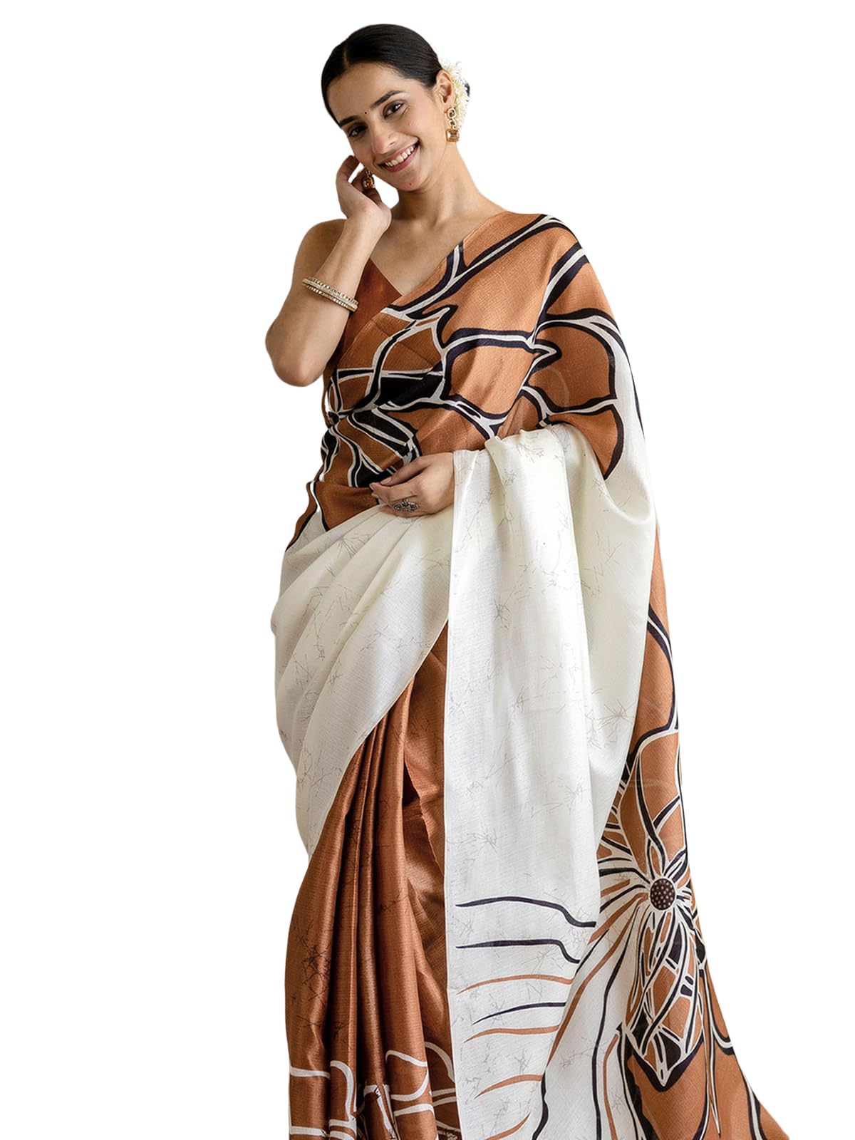 Samah Women'S Khadi Printed Saree With Unstitched Blouse Piece Brown & Off White