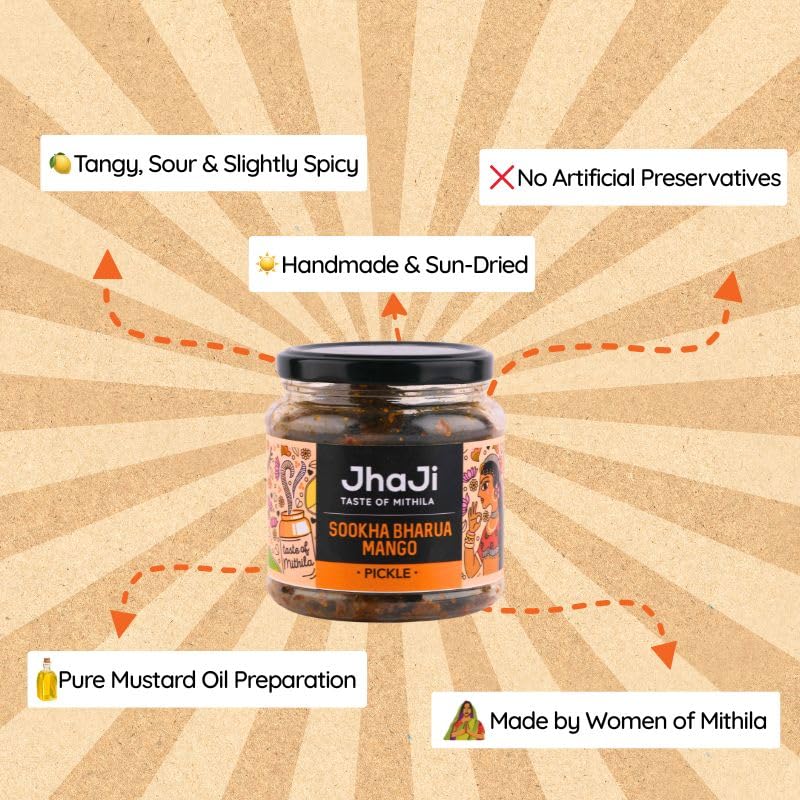 JhaJi Store Aam ka Sookha Bharua Achar | Dry Stuffed Mango Pickle, Bihari Style | Homemade, Sun-Dried, Tangy & Salty | With Little Oil & Bold Masala | 250g Plas
