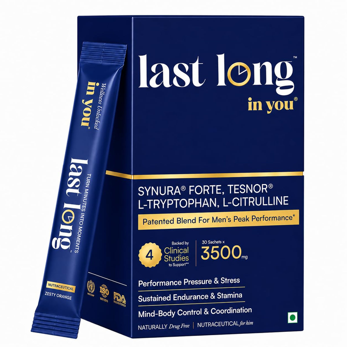 Last Long™ in you | Patented Ingredients for Men's Peak Performance Nutrition | Synura Forte® + Tesnor® + L-Tryptophan (5-HTP) + L-Citrulline | Stress Response,