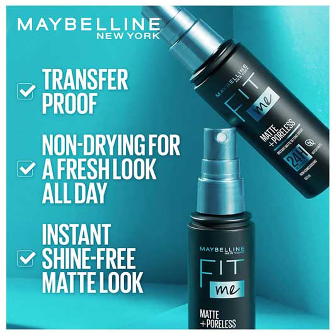 Maybelline New York Setting Spray, Transfer-proof, 24H Oil-Control Formula With Witch Hazel, Fit Me Matte + Poreless, 60 ml