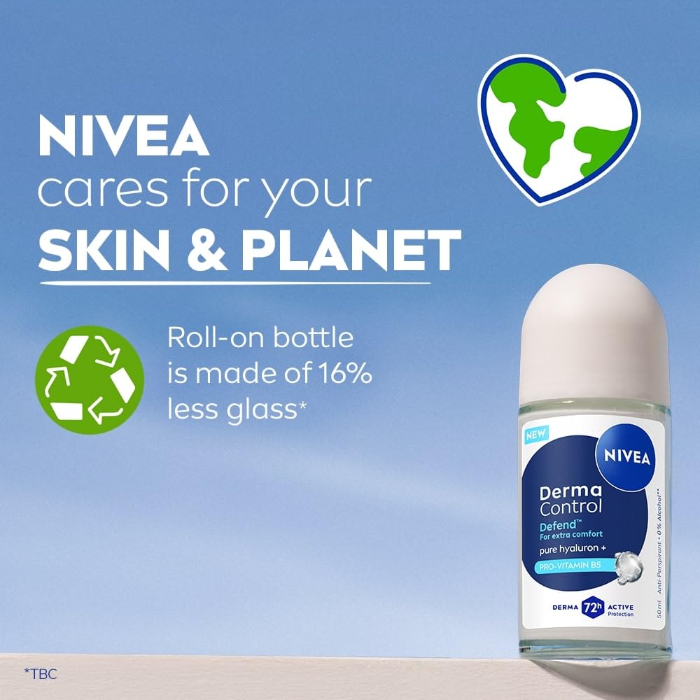 NIVEA Derma Control Defend Underarm Deo Roll-On for Women | Defends Against Irritation | 72H Derma Active Protection | With Pure Hyaluronic Acid & Pro-Vitamin B